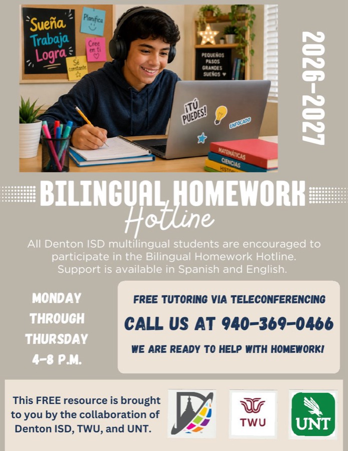 2026-2027 Bilingual Homework Hotline flyer: Monday through Thursday, 4 to 8 p.m., free tutoring via teleconferencing, call 940-369-0466.